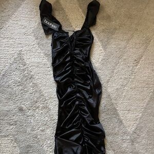 stretch satin plunge V bar ruched midi dress